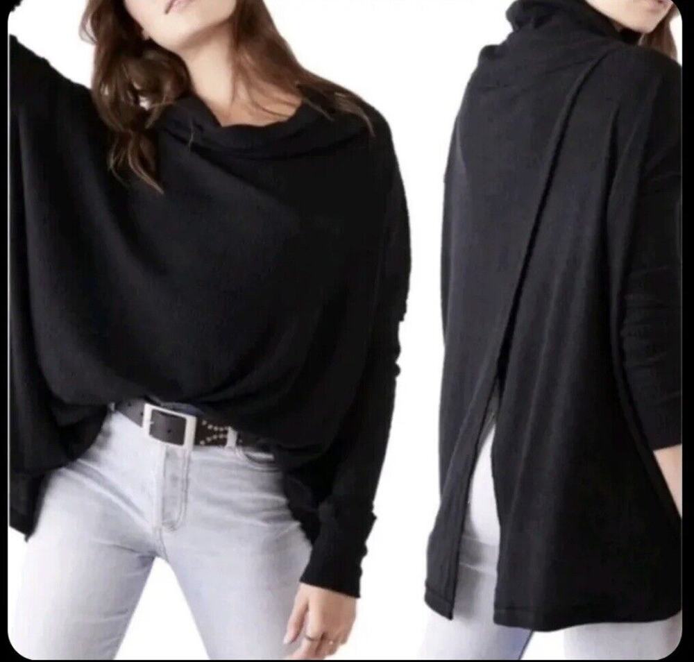 Free People Medium Thermal Top Juicy Cowl Neck Split Back Long Sleeves Black New